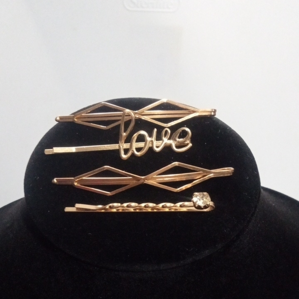 GOLDTONE 4-PIECE HAIRPINS SET WITH LOVE GEOMETRIC & RHINESTONE DESIGN NWT